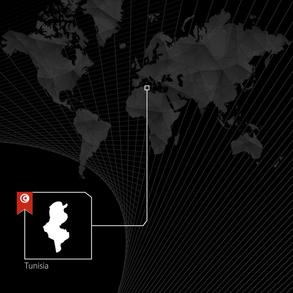 Tunisia on black World Map. Map and flag of Tunisia. vector