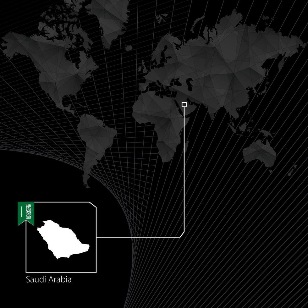 Saudi Arabia on black World Map. Map and flag of Saudi Arabia. vector