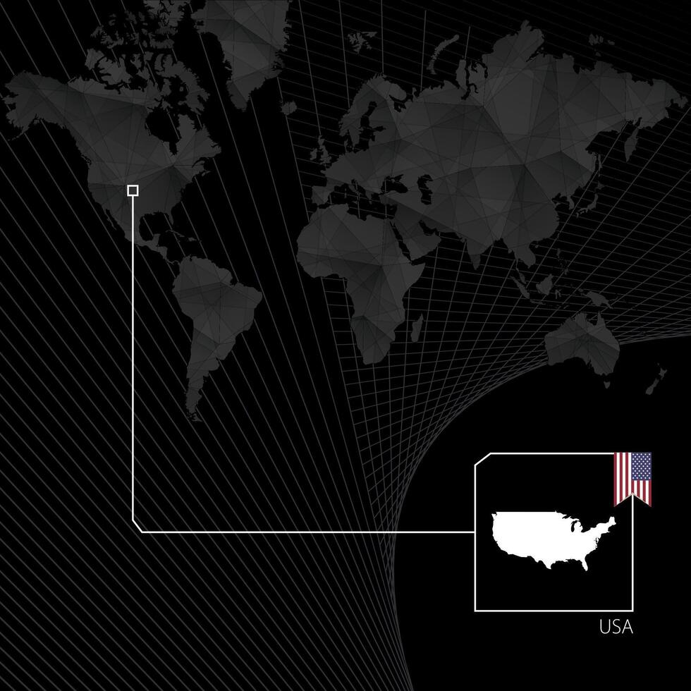 United States of America on black World Map. Map and flag of USA. vector