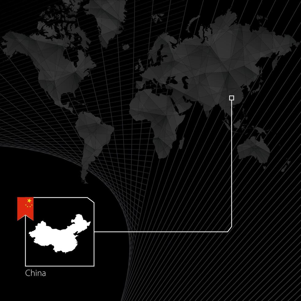 China on black World Map. Map and flag of China. vector