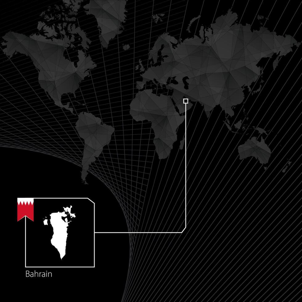 Bahrain on black World Map. Map and flag of Bahrain. vector