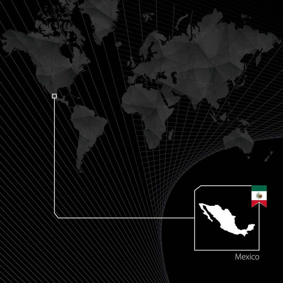 Mexico on black World Map. Map and flag of Mexico. vector