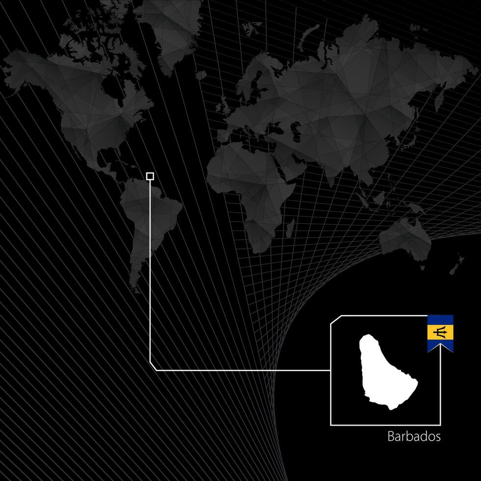 Barbados on black World Map. Map and flag of Barbados. vector
