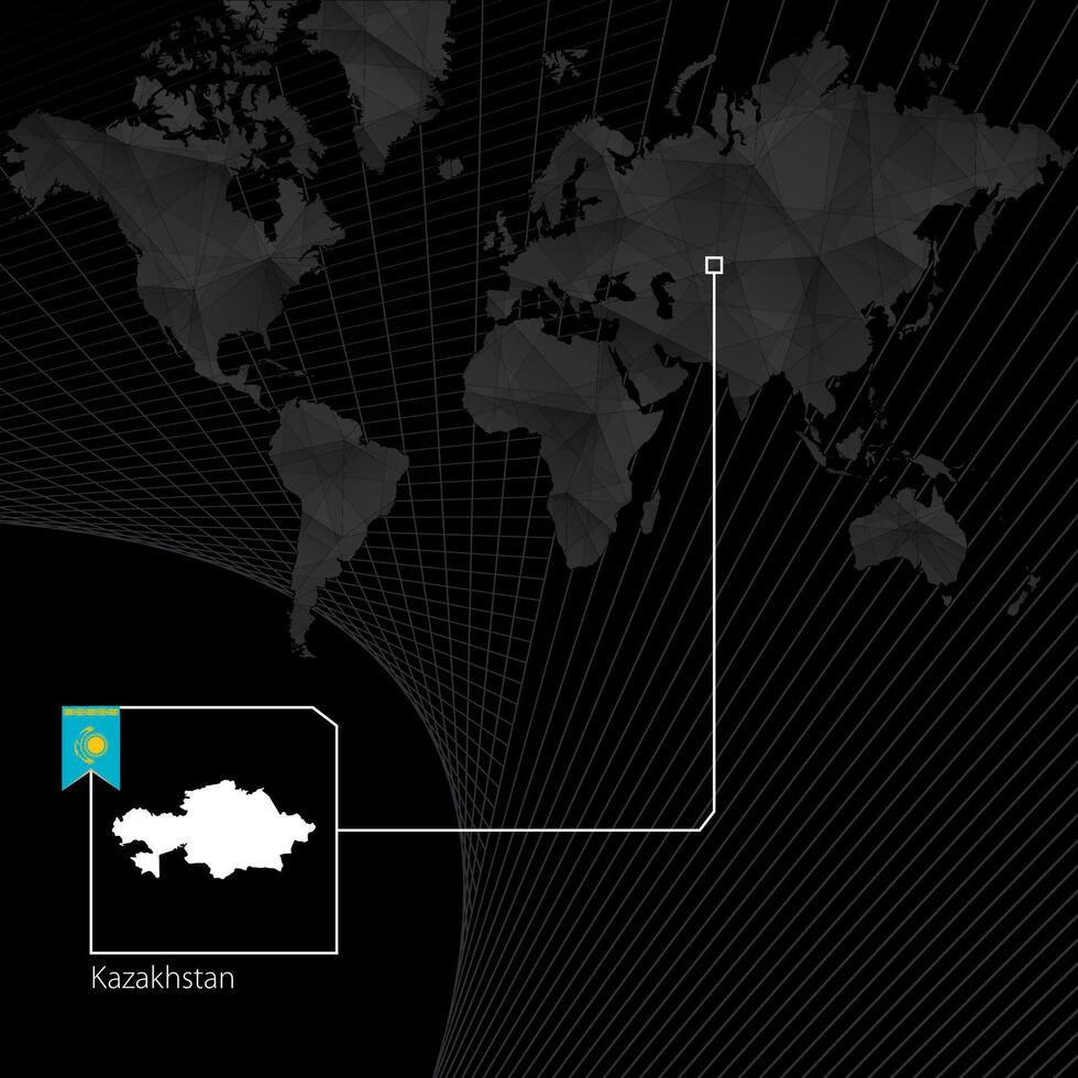 Kazajstán en negro mundo mapa. mapa y bandera de kazajstán. vector