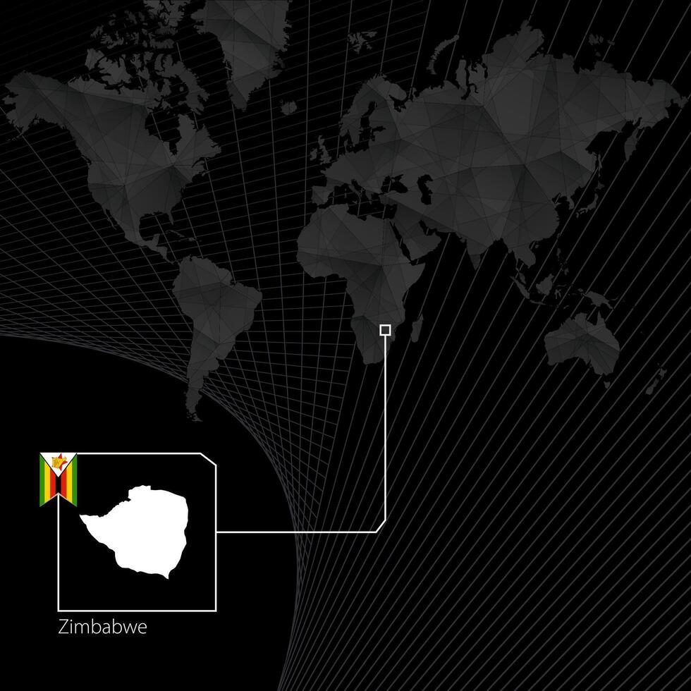 Zimbabwe on black World Map. Map and flag of Zimbabwe. vector