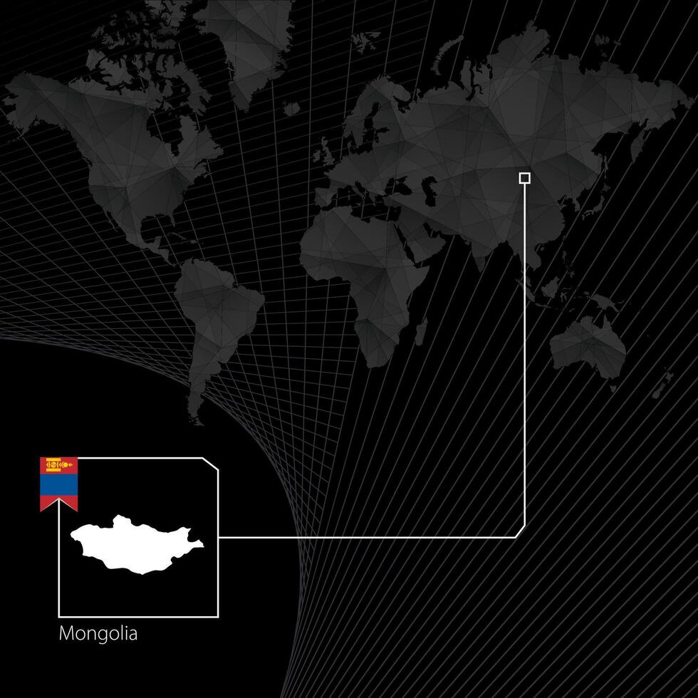 Mongolia on black World Map. Map and flag of Mongolia. vector