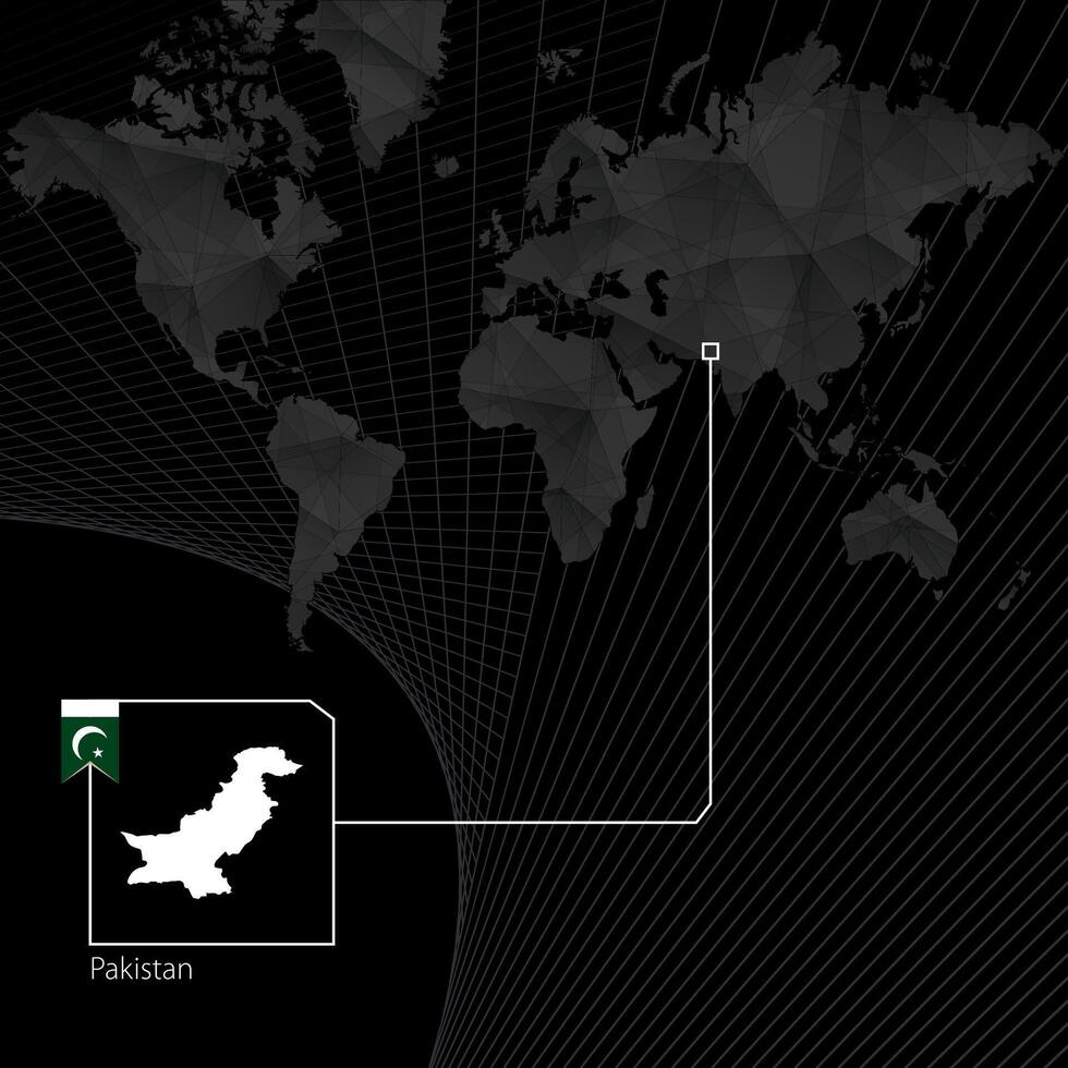 Pakistán en negro mundo mapa. mapa y bandera de Pakistán. vector