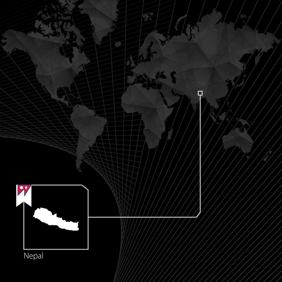 Nepal en negro mundo mapa. mapa y bandera de Nepal. vector