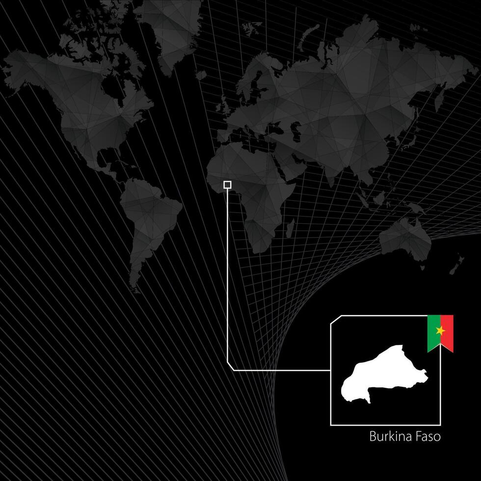 Burkina Faso on black World Map. Map and flag of Burkina Faso. vector