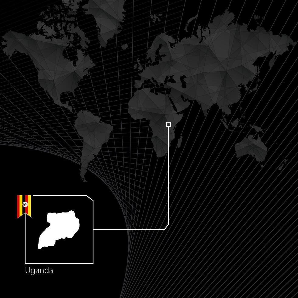 Uganda on black World Map. Map and flag of Uganda. vector