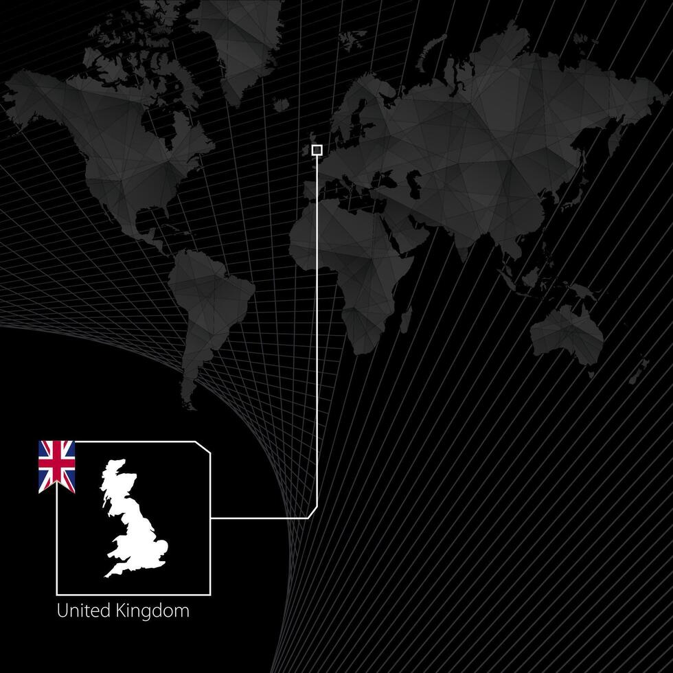 United Kingdom on black World Map. Map and flag of UK. vector