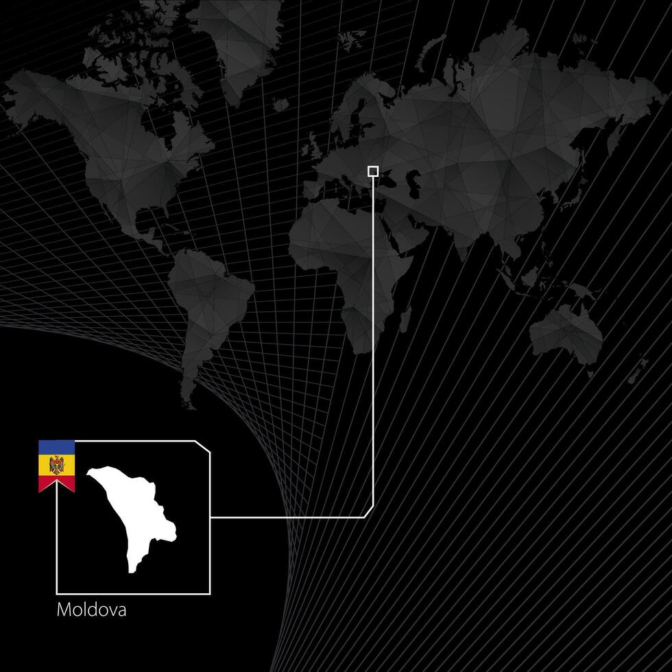 Moldavia en negro mundo mapa. mapa y bandera de Moldavia. vector