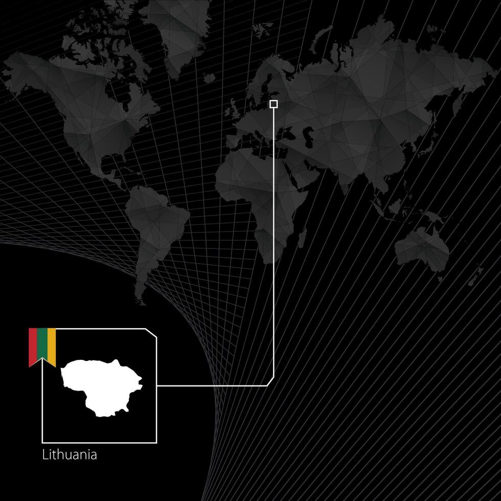 Lithuania on black World Map. Map and flag of Lithuania. vector