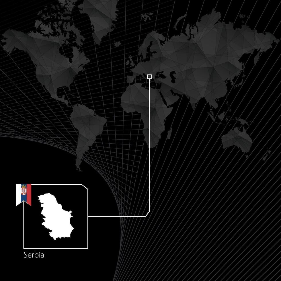 Serbia on black World Map. Map and flag of Serbia. vector