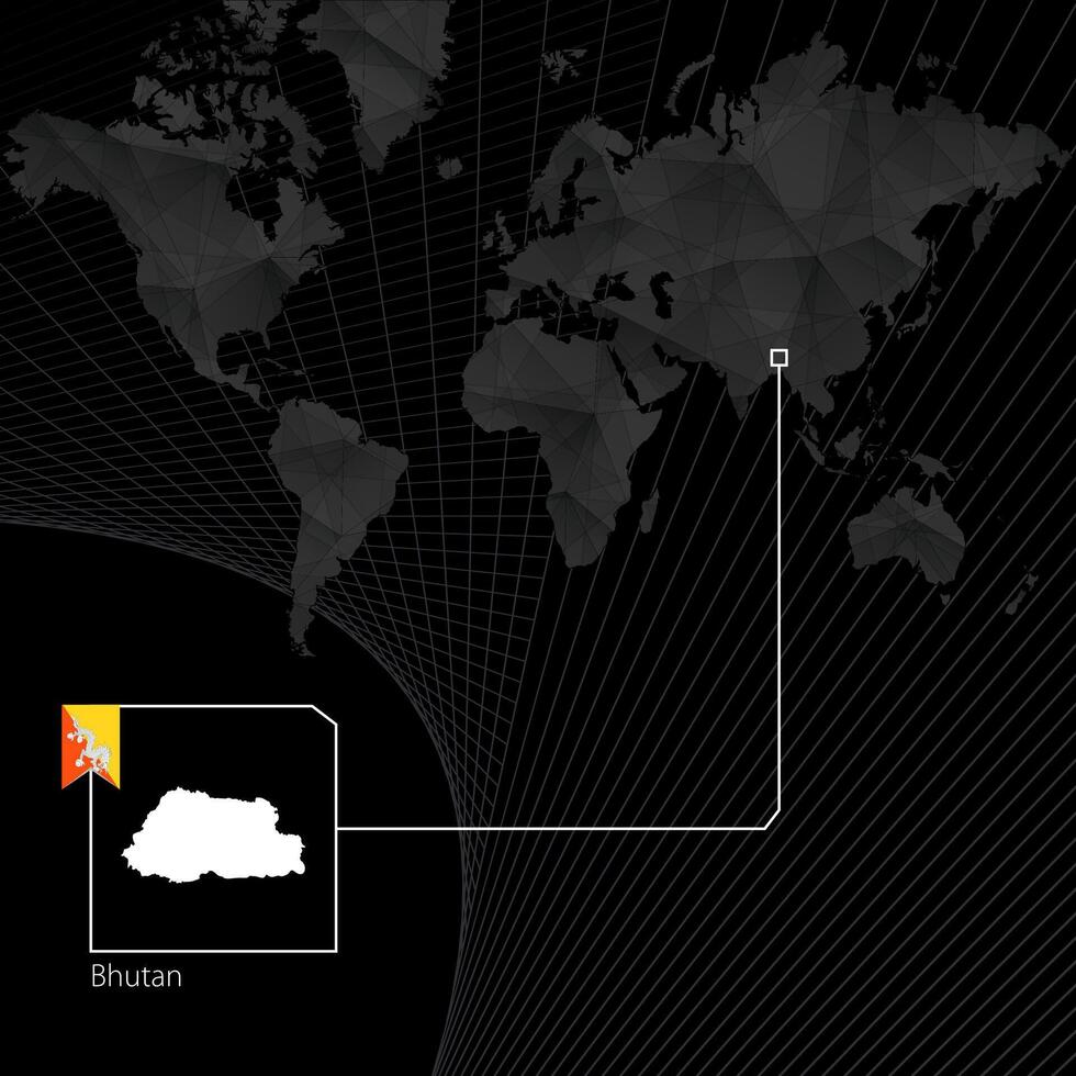 Bhutan on black World Map. Map and flag of Bhutan. vector