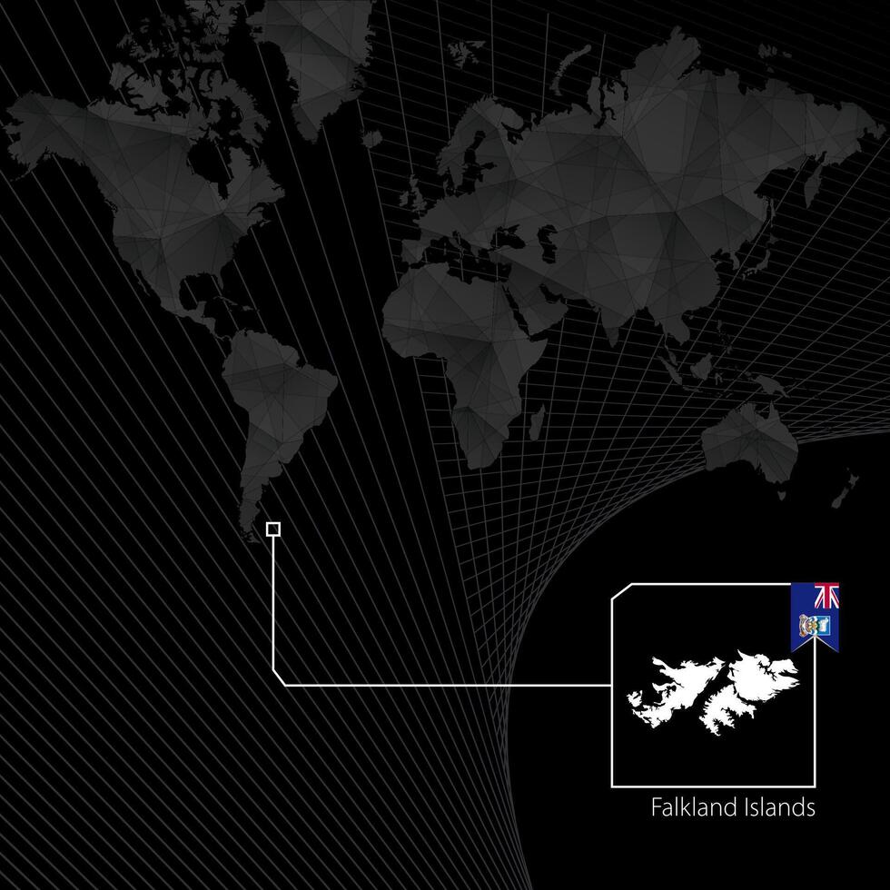 Falkland Islands on black World Map. Map and flag of Falkland Islands. vector