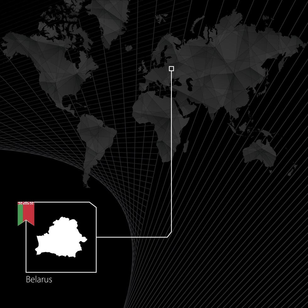 Belarus on black World Map. Map and flag of Belarus. vector
