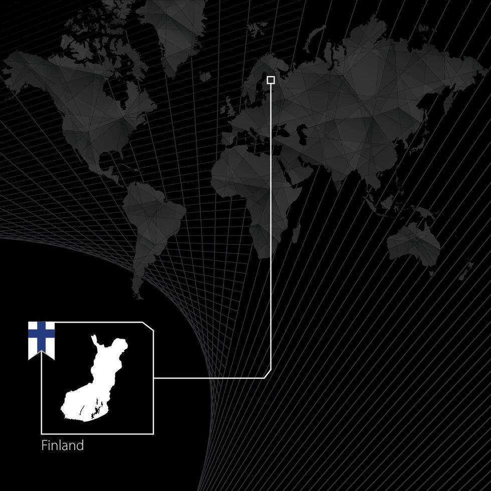 Finland on black World Map. Map and flag of Finland. vector