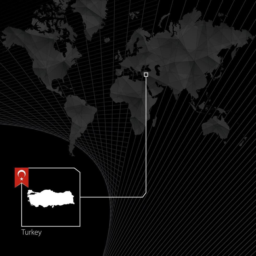 Turkey on black World Map. Map and flag of Turkey. vector