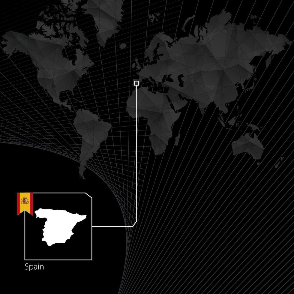 Spain on black World Map. Map and flag of Spain. vector