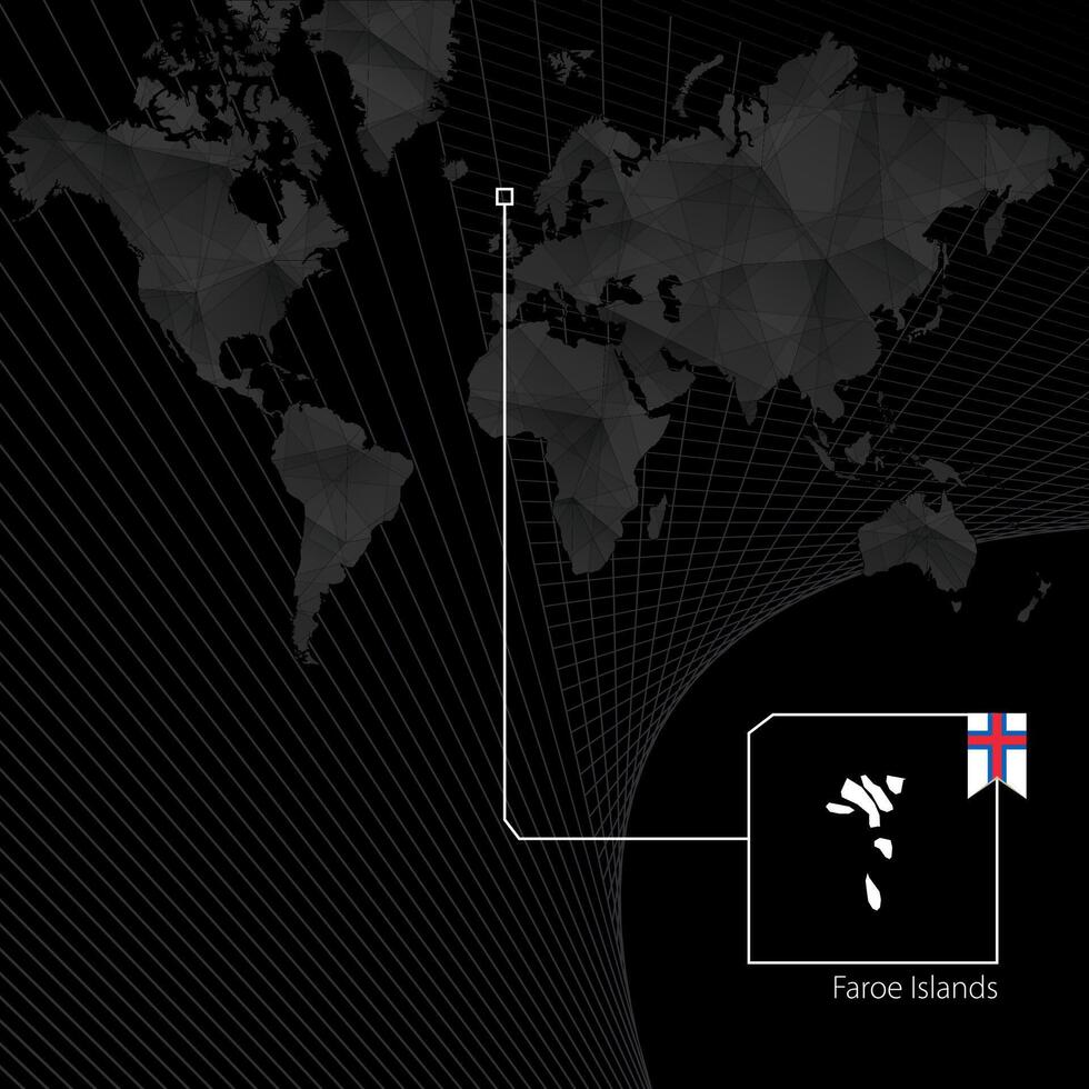 Faroe Islands on black World Map. Map and flag of Faroe Islands. vector