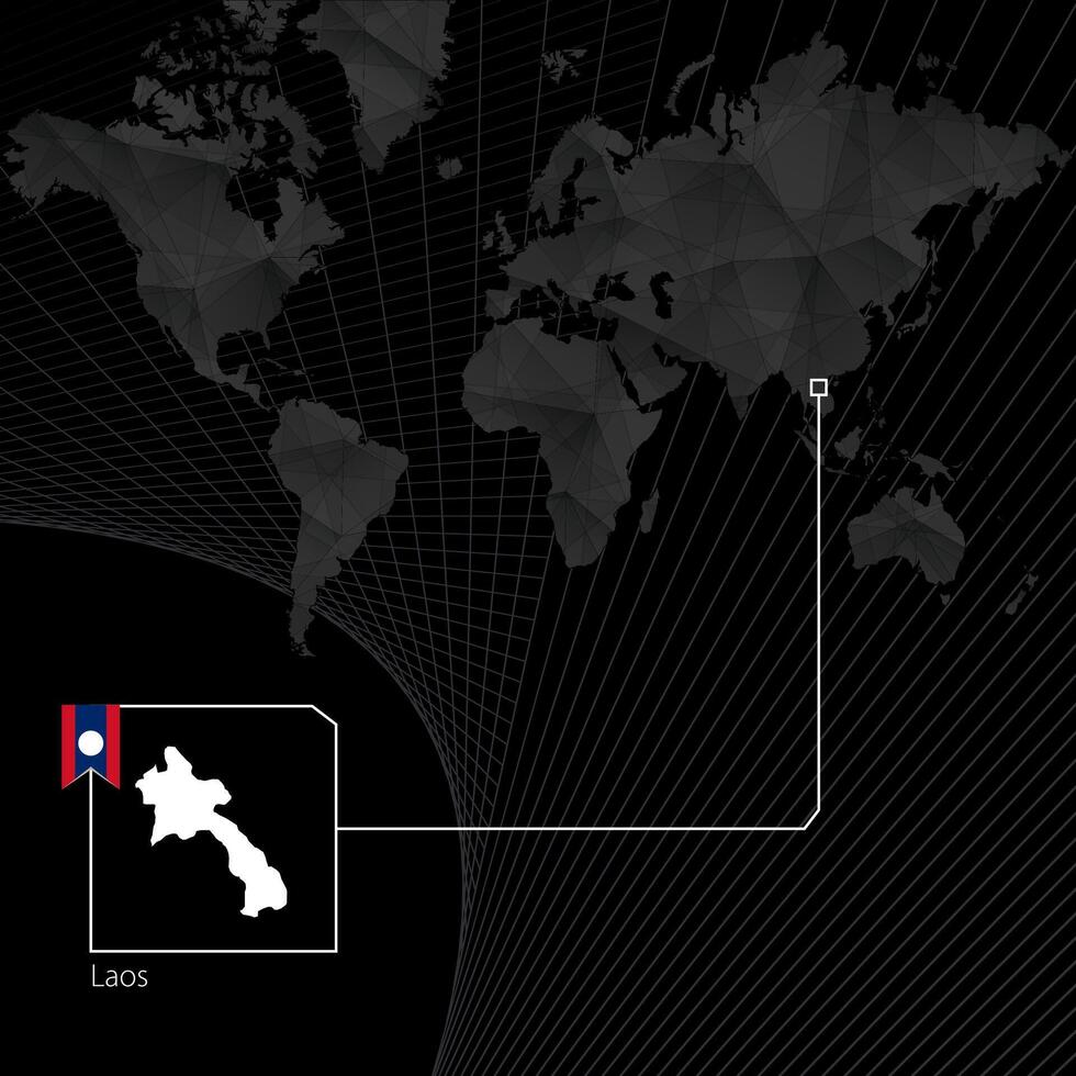 Laos on black World Map. Map and flag of Laos. vector