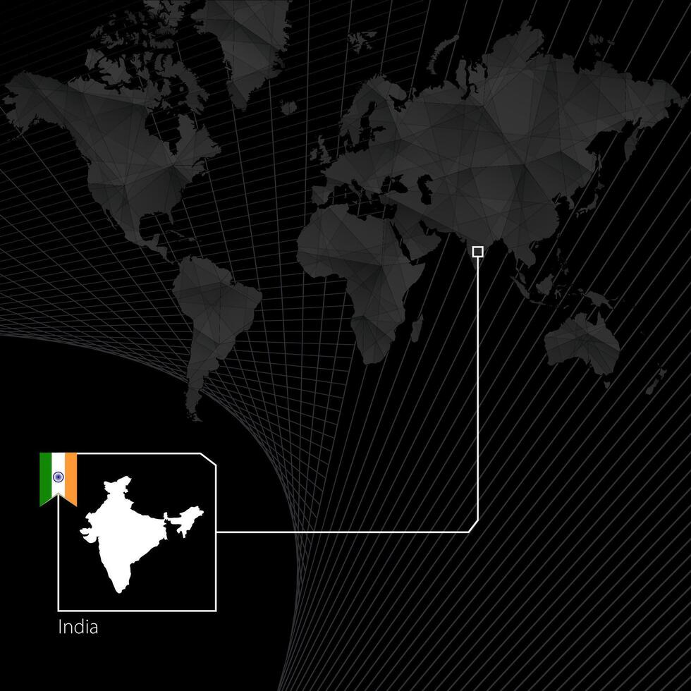 India on black World Map. Map and flag of India. vector