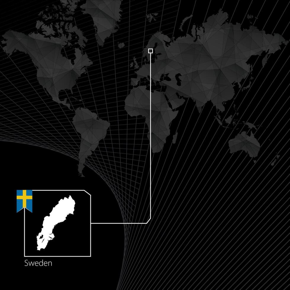 Sweden on black World Map. Map and flag of Sweden. vector