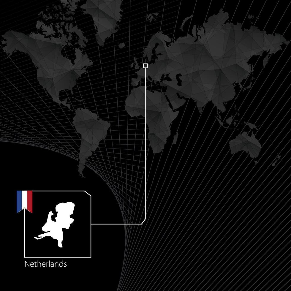 Países Bajos en negro mundo mapa. mapa y bandera de Países Bajos. vector