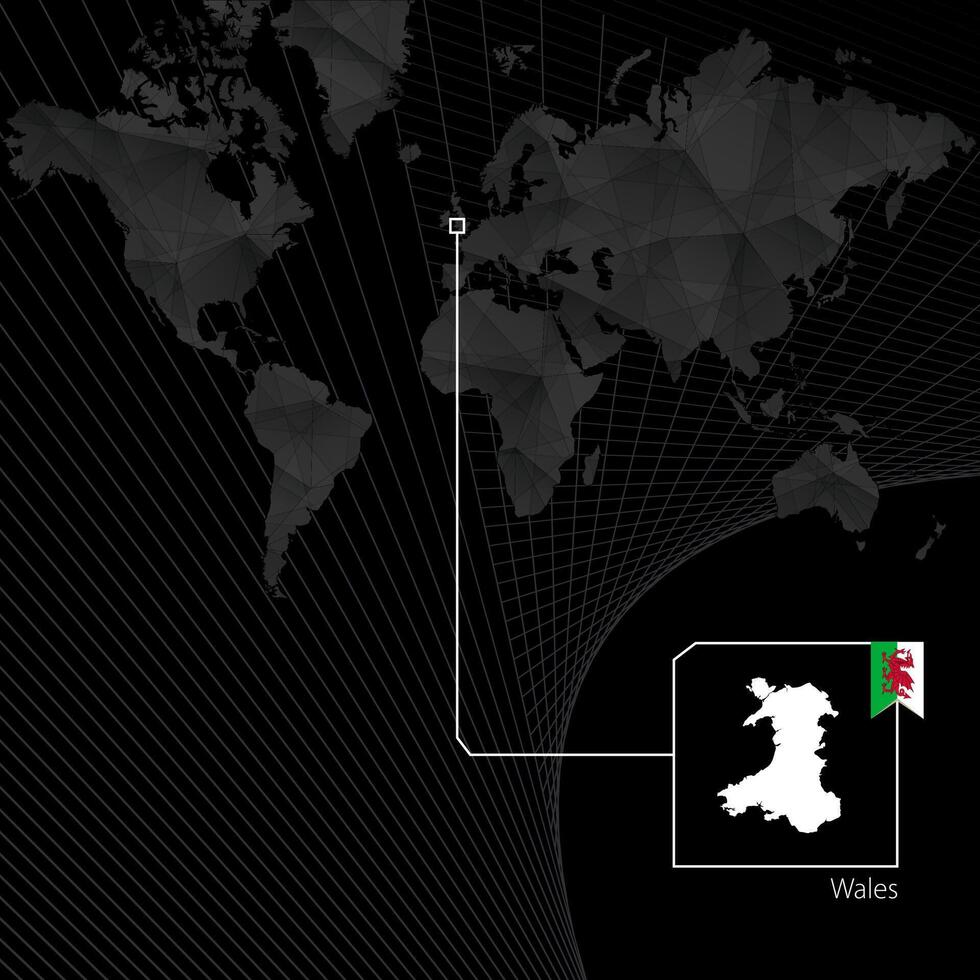 Wales on black World Map. Map and flag of Wales. vector