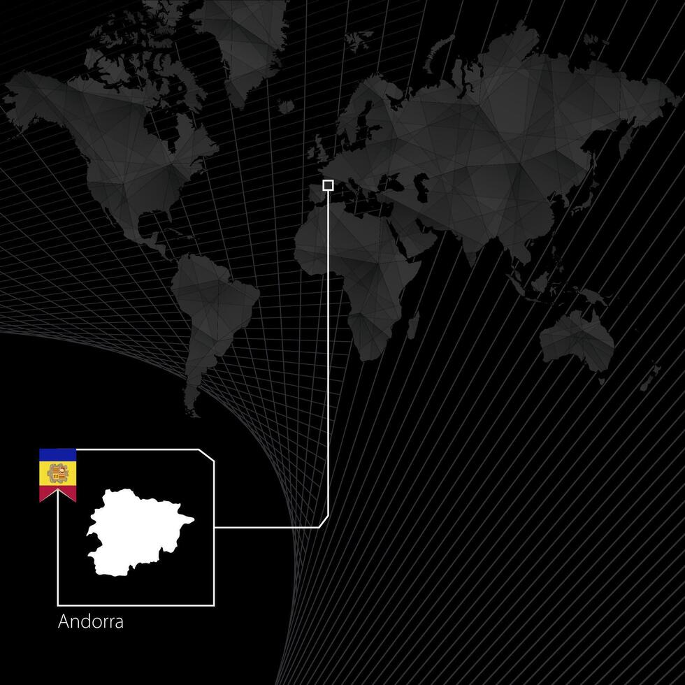 Andorra on black World Map. Map and flag of Andorra. vector