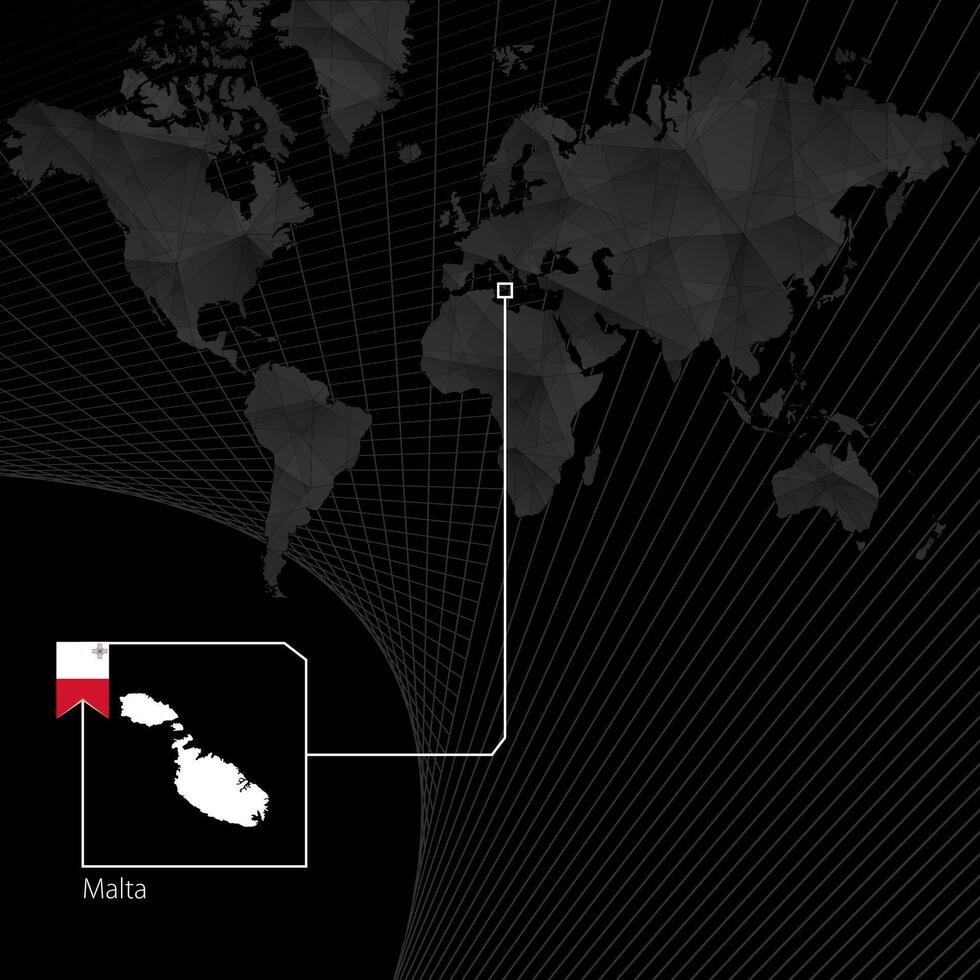 Malta on black World Map. Map and flag of Malta. vector