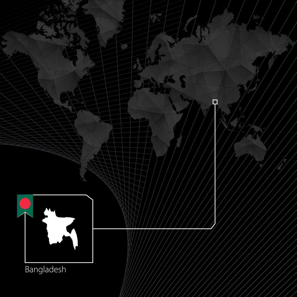 Bangladesh on black World Map. Map and flag of Bangladesh. vector