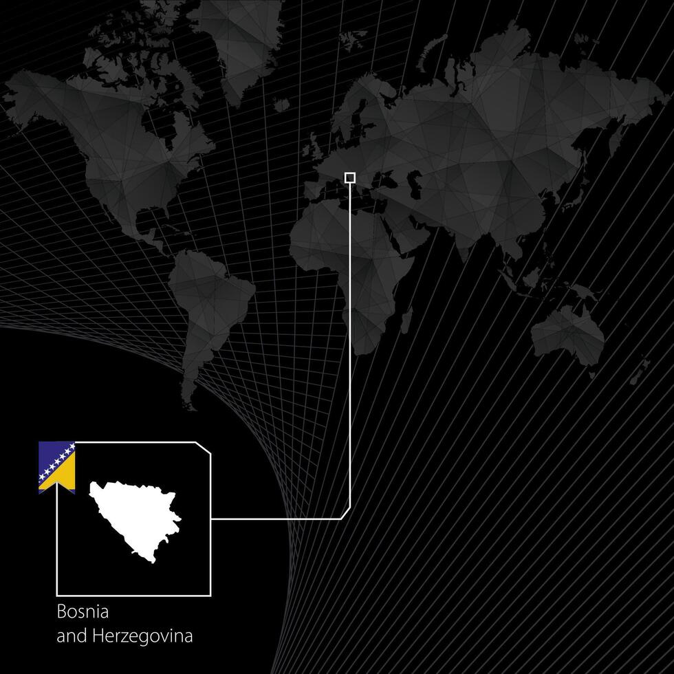 Bosnia and Herzegovina on black World Map. Map and flag of Bosnia. vector