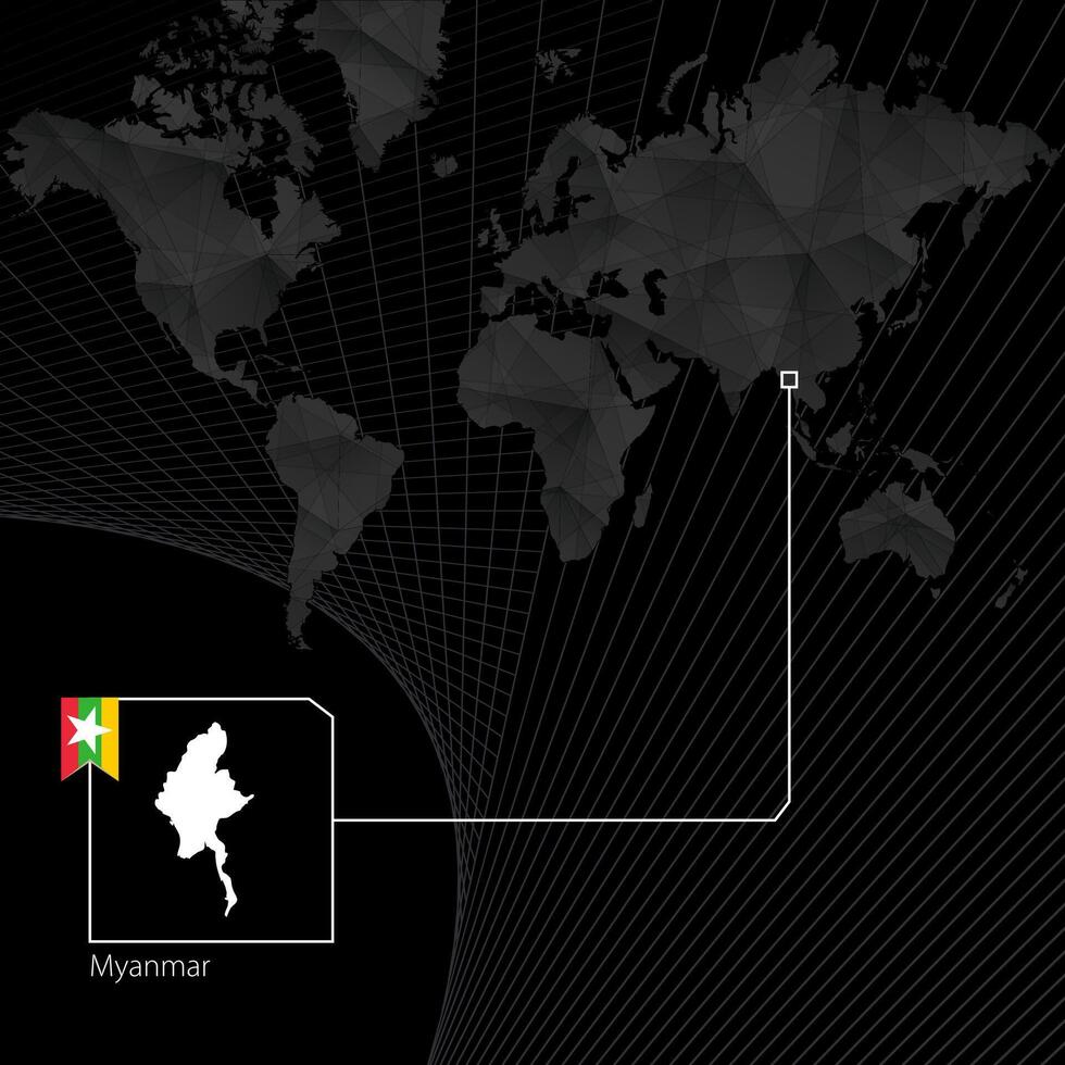 Myanmar on black World Map. Map and flag of Myanmar. vector