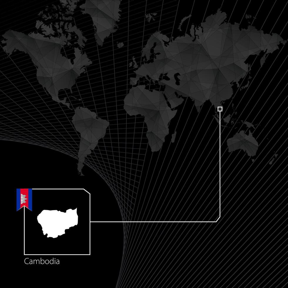 Camboya en negro mundo mapa. mapa y bandera de Camboya. vector