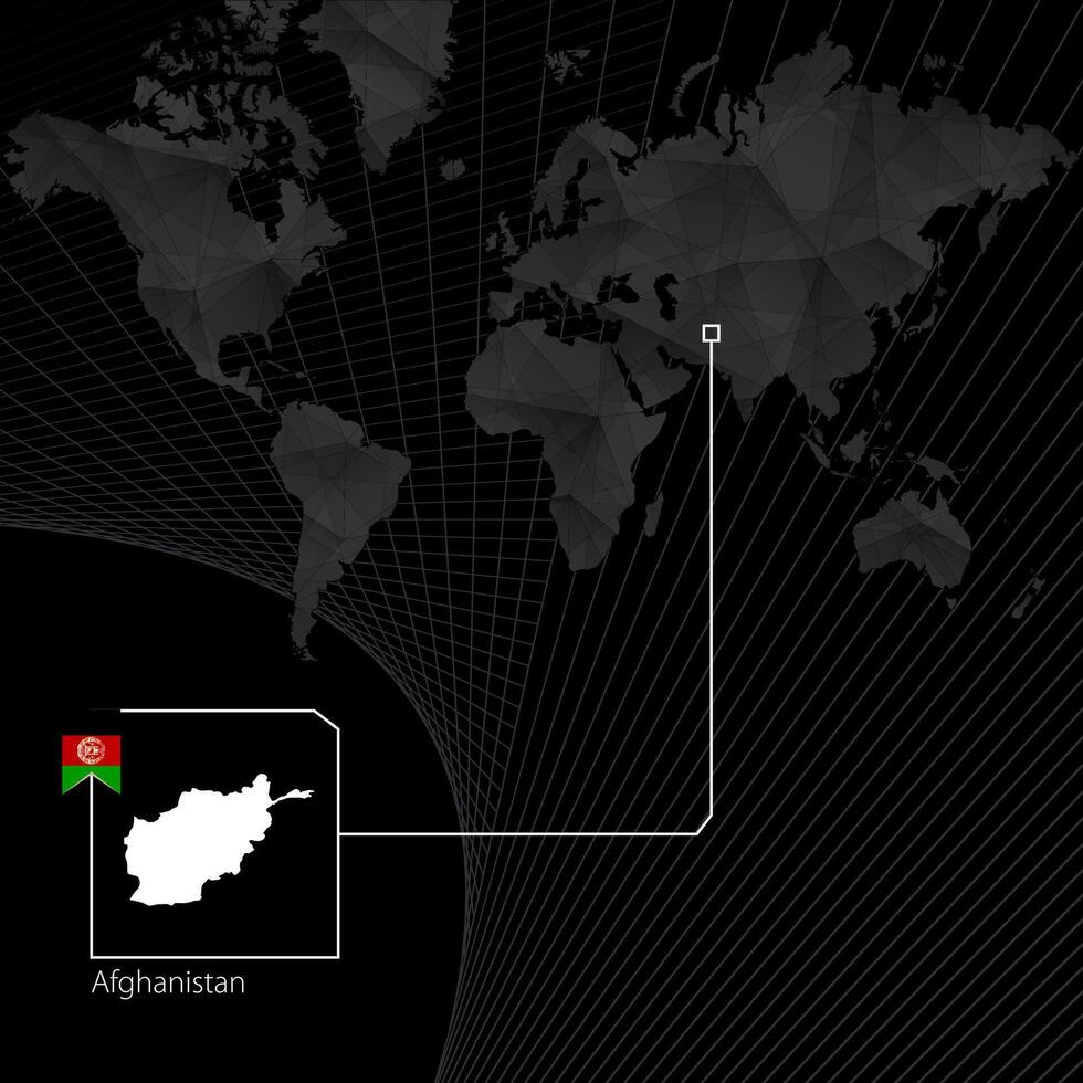 Afghanistan on black World Map. Map and flag of Afghanistan. vector