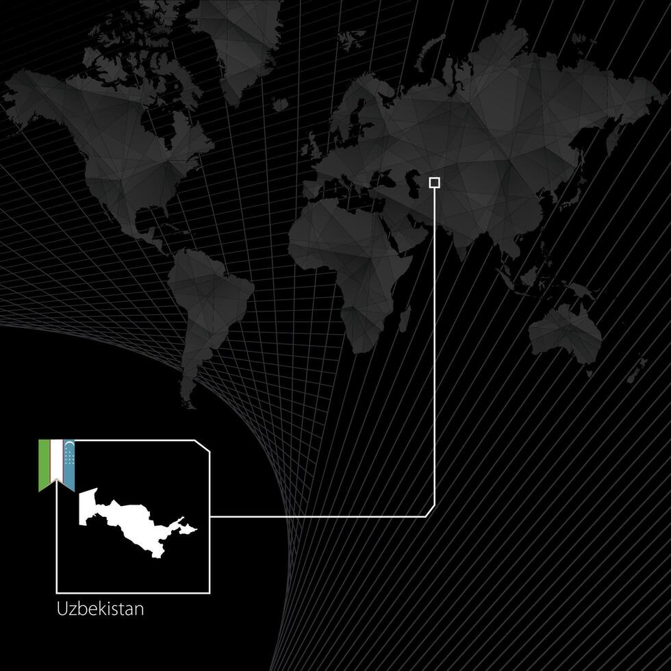 Uzbekistán en negro mundo mapa. mapa y bandera de uzbekistán vector