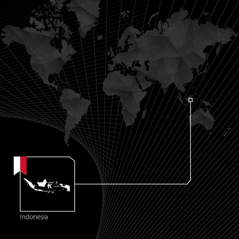 Indonesia on black World Map. Map and flag of Indonesia. vector