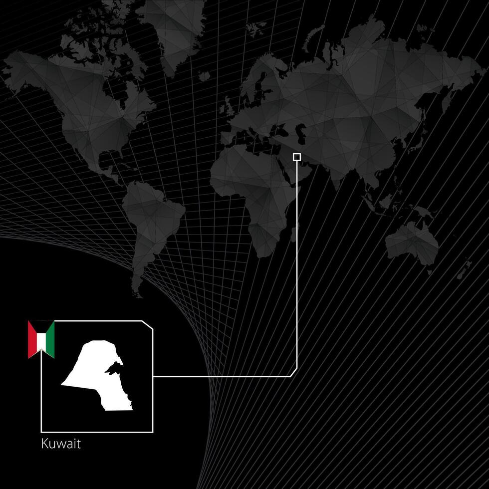 Kuwait on black World Map. Map and flag of Kuwait. vector