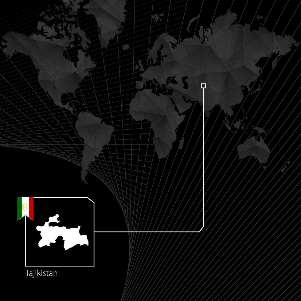 Tajikistan on black World Map. Map and flag of Tajikistan. vector