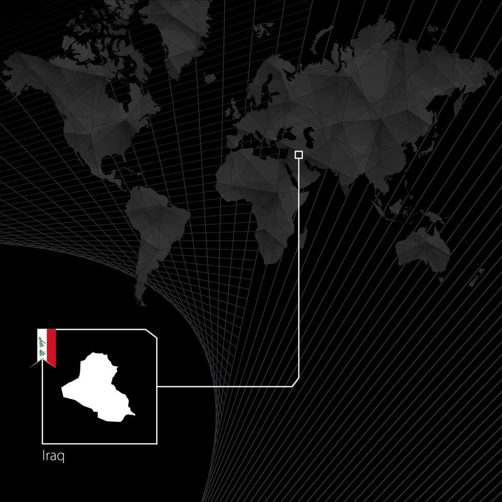 Irak en negro mundo mapa. mapa y bandera de Irak. vector