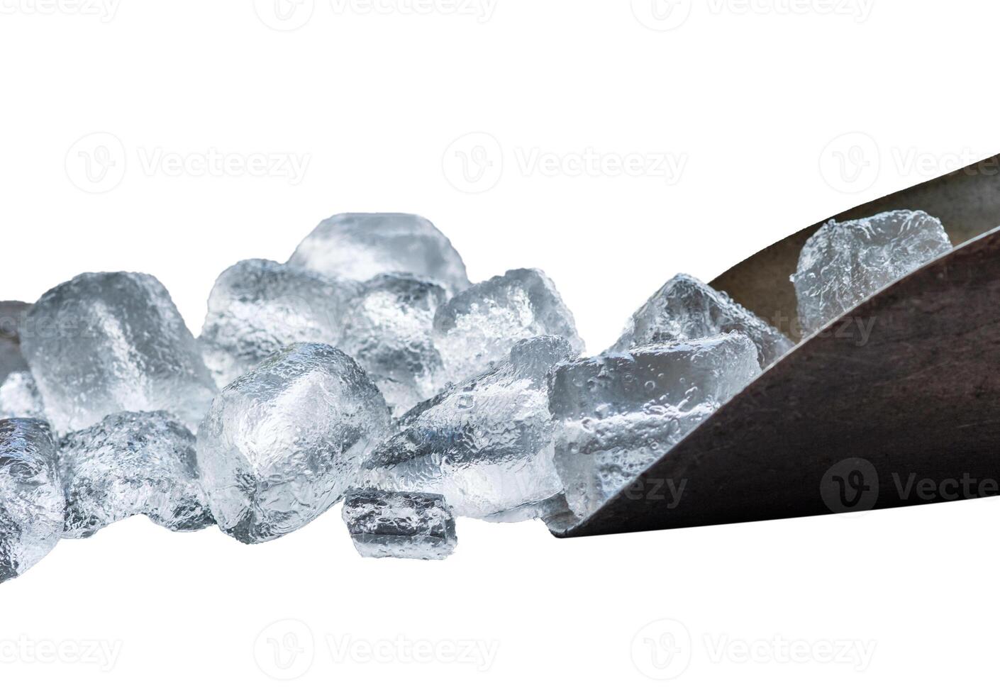 Metal scoop with ice cubes on background photo