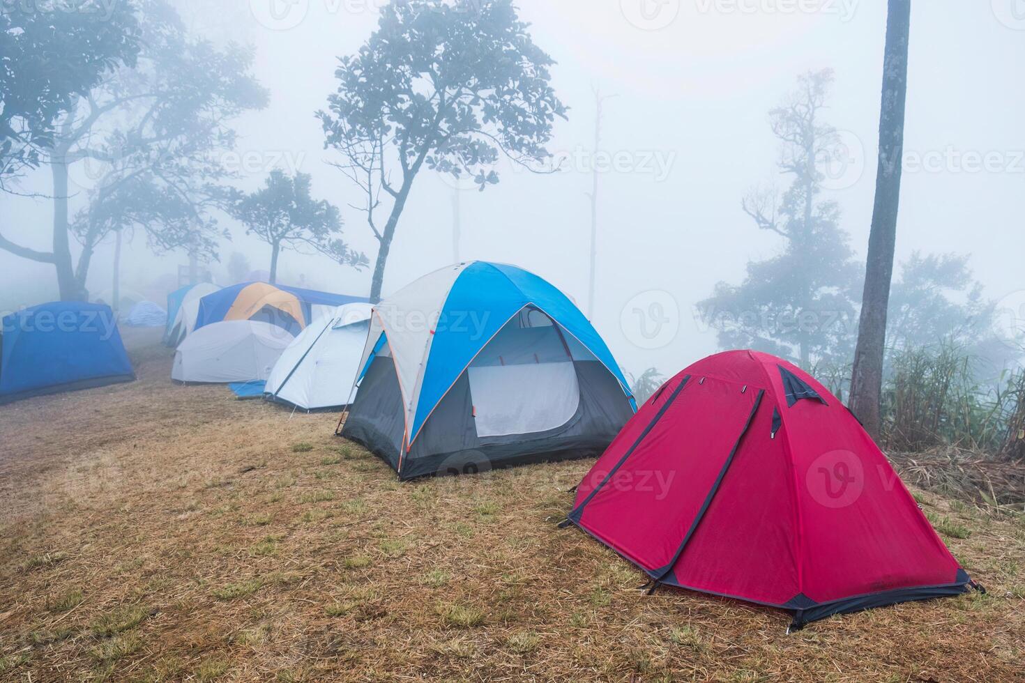 Hiker tent camping in campground and foggy on summit in national park photo