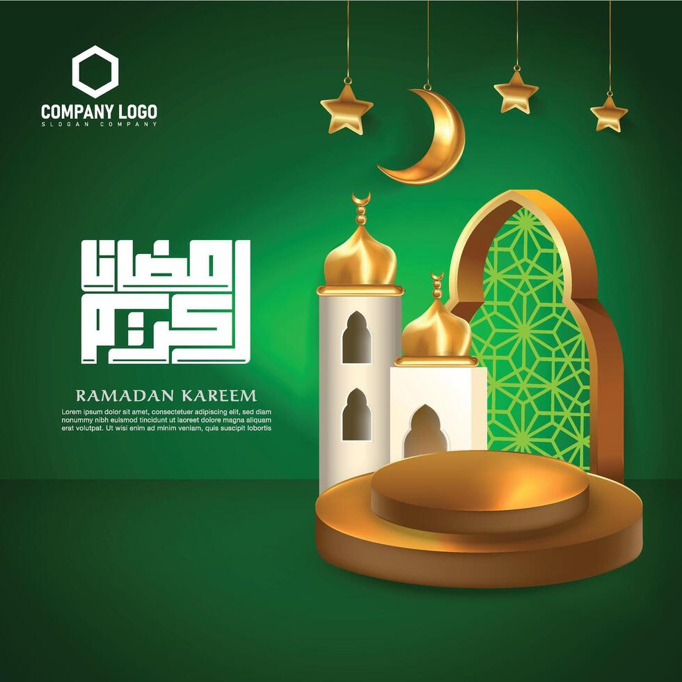 Ramadan Karim Arabic typography,green green color gradient background , 3d modern Islamic , minaret and mooon , Dislay podium, gold color vector
