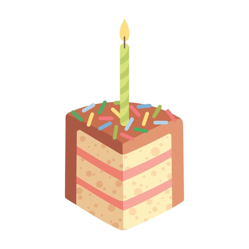 rebanada de cumpleaños chocolate pastel con vela. pedazo de pastel para contento cumpleaños saludo tarjeta, pegatina, bandera y tarjeta postal. vector ilustración aislado en un blanco antecedentes.