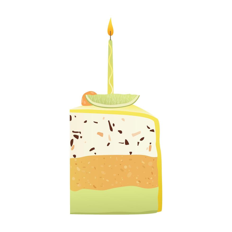 Slice of birthday cake with candle. Piece of cake for Happy Birthday greeting card, sticker, banner, and postcard. Vector illustration isolated on a white background.