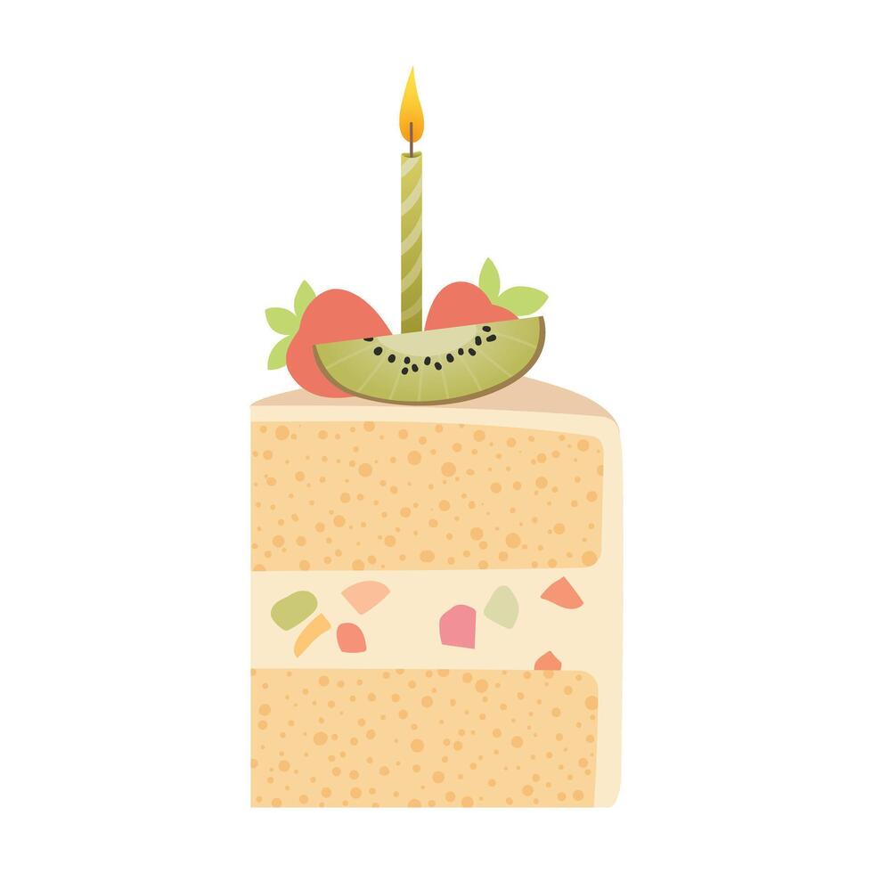 Slice of birthday cake with candle. Piece of cake for Happy Birthday greeting card, sticker, banner, and postcard. Vector illustration isolated on a white background.