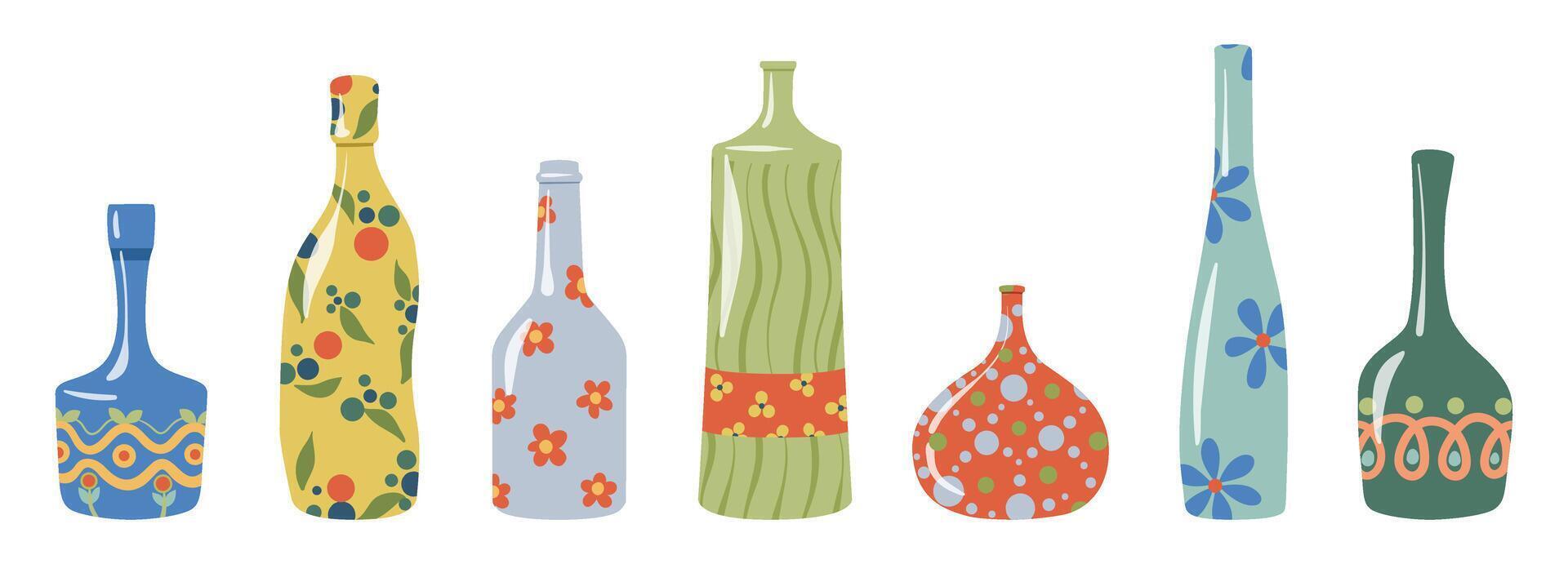 resumen ornamental botellas y floreros vector colocar. colección de moderno curvo vistoso botellas, decorado jarrones, y lanzadores vector íconos ilustración aislado en un blanco antecedentes.