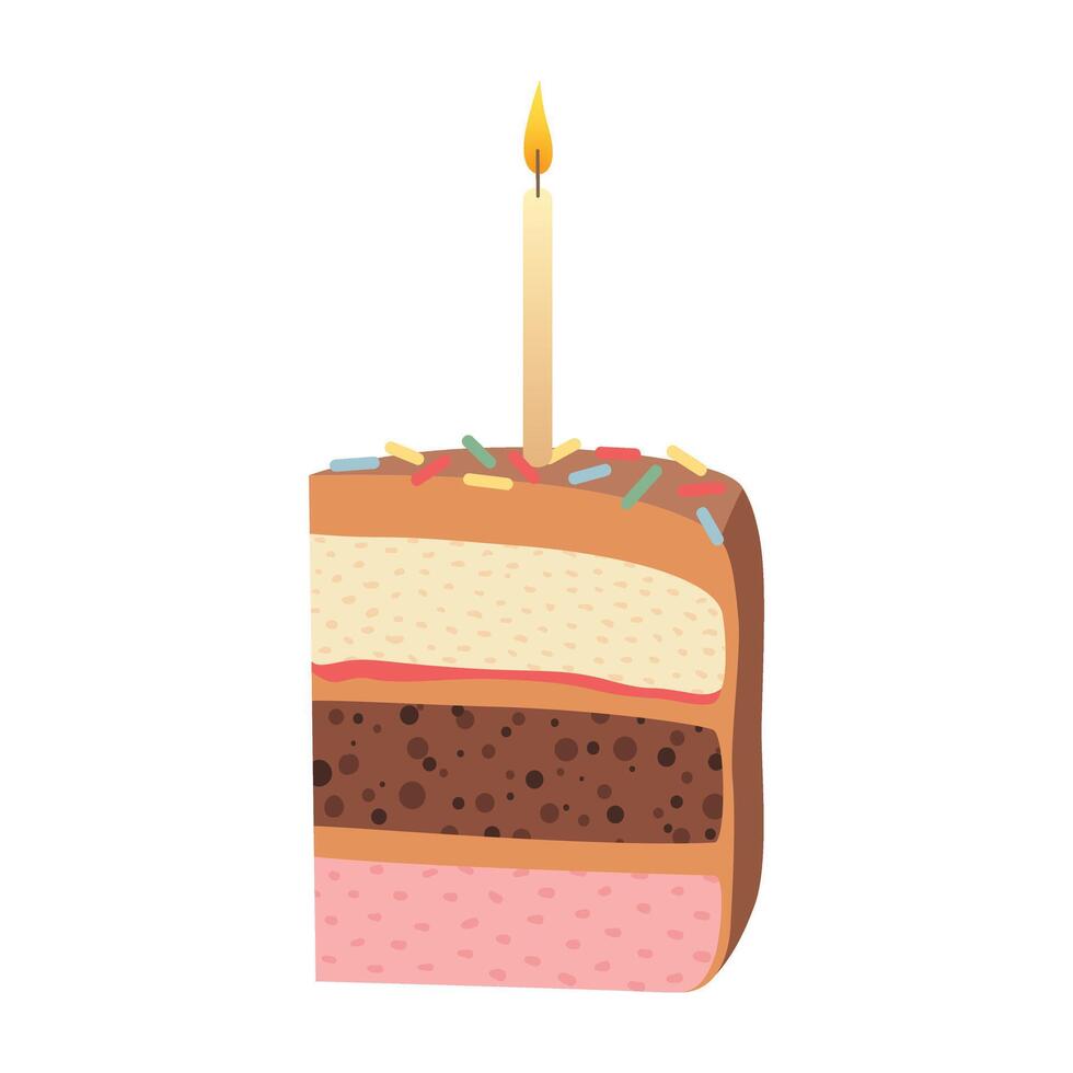 Slice of birthday chocolate cake with candle. Piece of cake for Happy Birthday greeting card, sticker, banner and postcard. Vector illustration isolated on a white background.